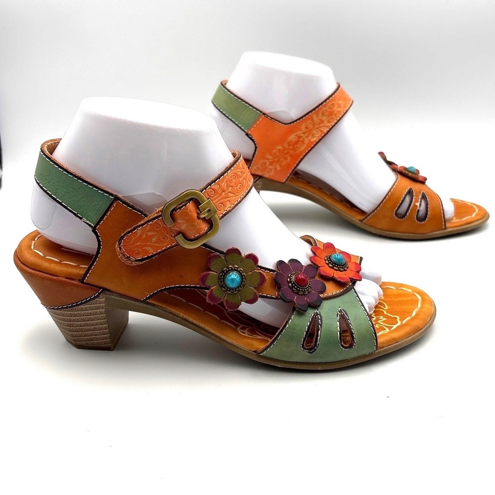 Spring Step L'Artiste Vibrant Yovela Block Heel Sandal Floral Turquoise Tooled